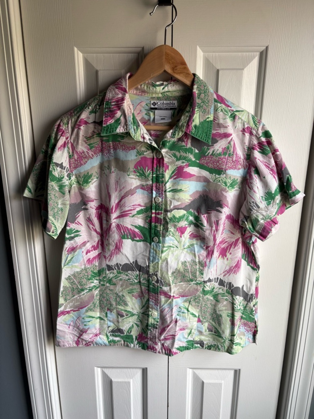 Columbia Womens Short Sleeve Tropical Print Button Up Shirt Size Large